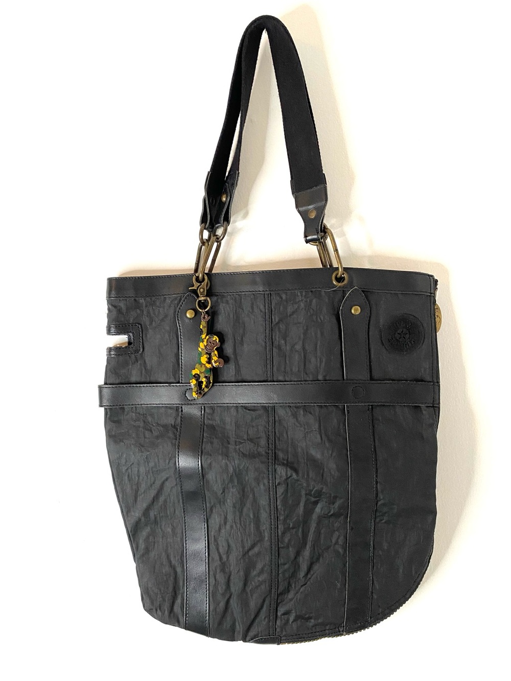 Fergie for Kipling Black Tote Bag Camo Monkey Charm 2007 Y2K Rare